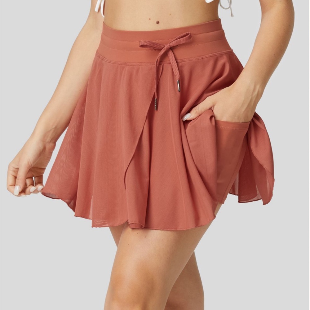 Halara High Waisted Drawstring Mesh 2-in-1 Side Pocket Flare Skirt L